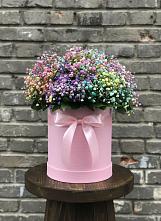 Цветочная композиция из Гипсофила и Розы в шляпной коробке в Златоусте