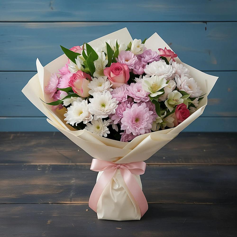 Букет цветов из: Хризантемы, Альстромерии и Розы в Златоусте